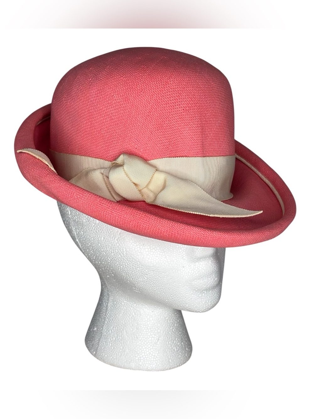 VTG 60’s Anita Pineault Coral Pink Woven Straw Cloche Bowler Hat Cream Bow